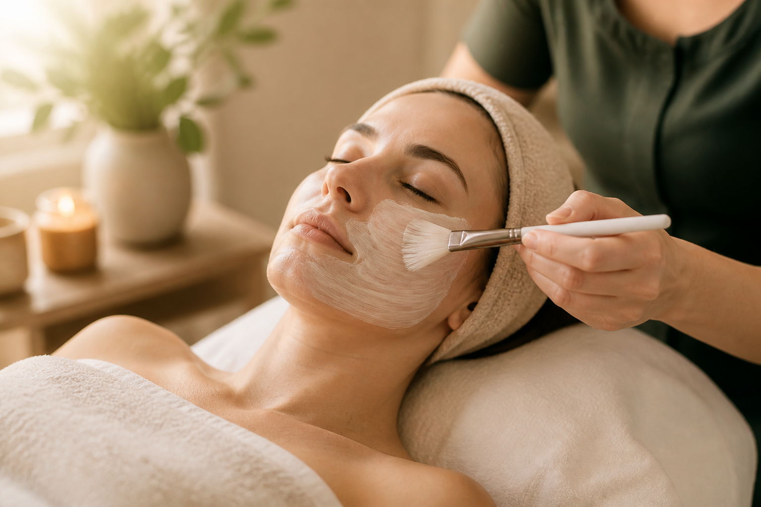 Beauty therapist applying a facial treatment mask with a soft brush